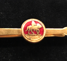 Load image into Gallery viewer, Tie bar, vintage, gold plate &amp; red enamel, horse &amp; rider (can also be used as a small money clip)
