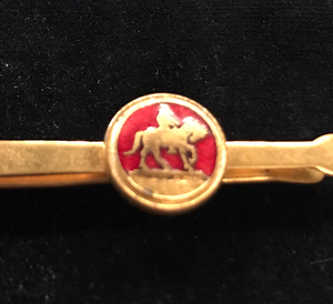 Tie bar, vintage, gold plate & red enamel, horse & rider (can also be used as a small money clip)