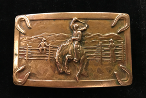 Belt Buckle, vintage 1940’s rodeo bronc rider, heavy brass or bronze