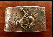 Load image into Gallery viewer, Belt Buckle, vintage sterling, bronc rider, hand crafted &amp; signed, and in excellent vintage condition
