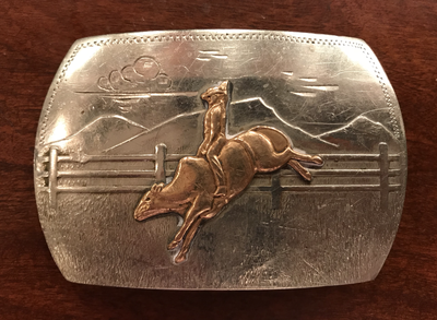 Belt buckle, vintage Irvine & Jachens, bull rider, brass & German silver