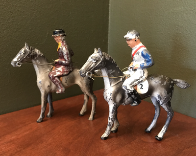 Vintage Toys, hunting & racing, cold painted lead figures of hunting lady and jockey, (priced separately)